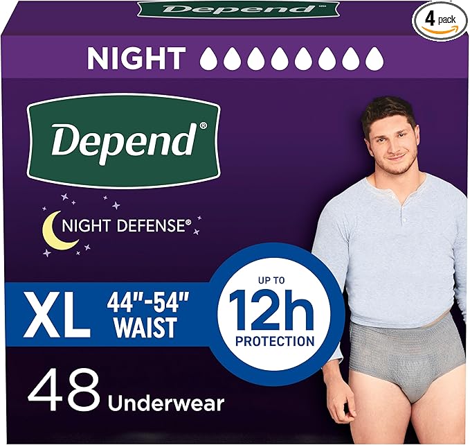 Depend Night Defense Adult Diapers, Incontinence Underwear for Men, Disposable, Overnight, Extra-Large, Grey, 48 Count (4 Packs of 12), Packaging May Vary
