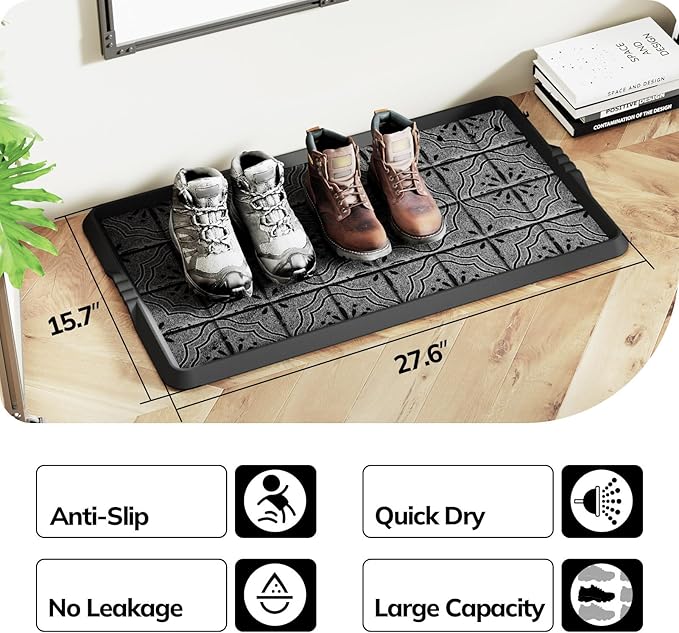 Mibao Boot-Tray Heavy Duty Rubber Shoe Mat with Lip Waterproof Shoe Tray for Entryway Indoor Outdoor Multi Use, Non-Slip Shoe Cleaning Shoe Storage with Artistic Prints, 16" x 27.5", Grey