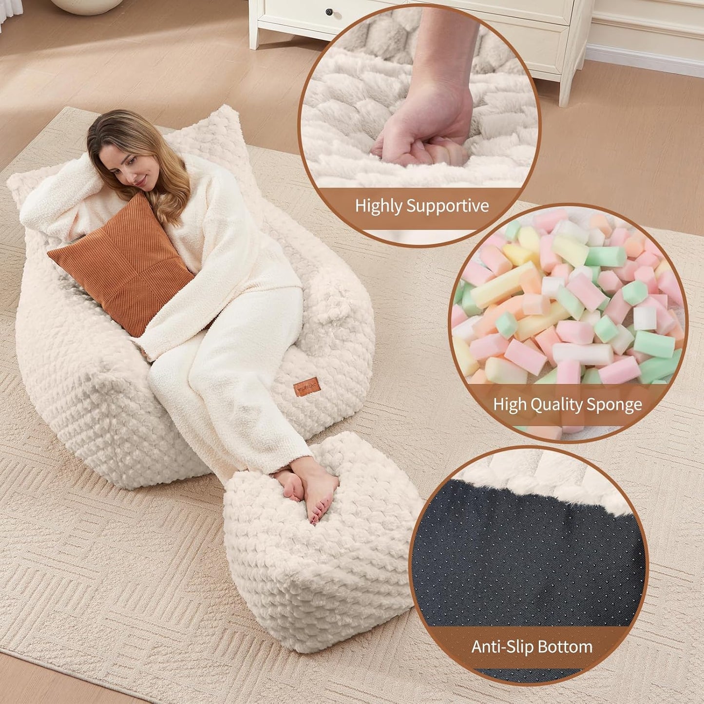 Bean Bag Chair Foot Rest, Modern Comfy Couch Sofa Ottoman for Adult, Faux Fur Foot Stool with Filler, Soft Cozy Footrest for Bedroom, Living Room