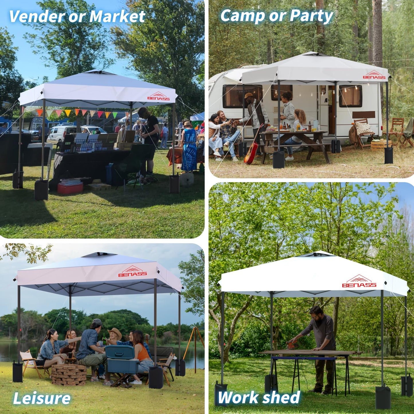 Benass 12x12 Pop Up Canopy, Easy Up Canopy Tent, Heavy Duty Tents for Parties, One Person Set Up Event Tent, White