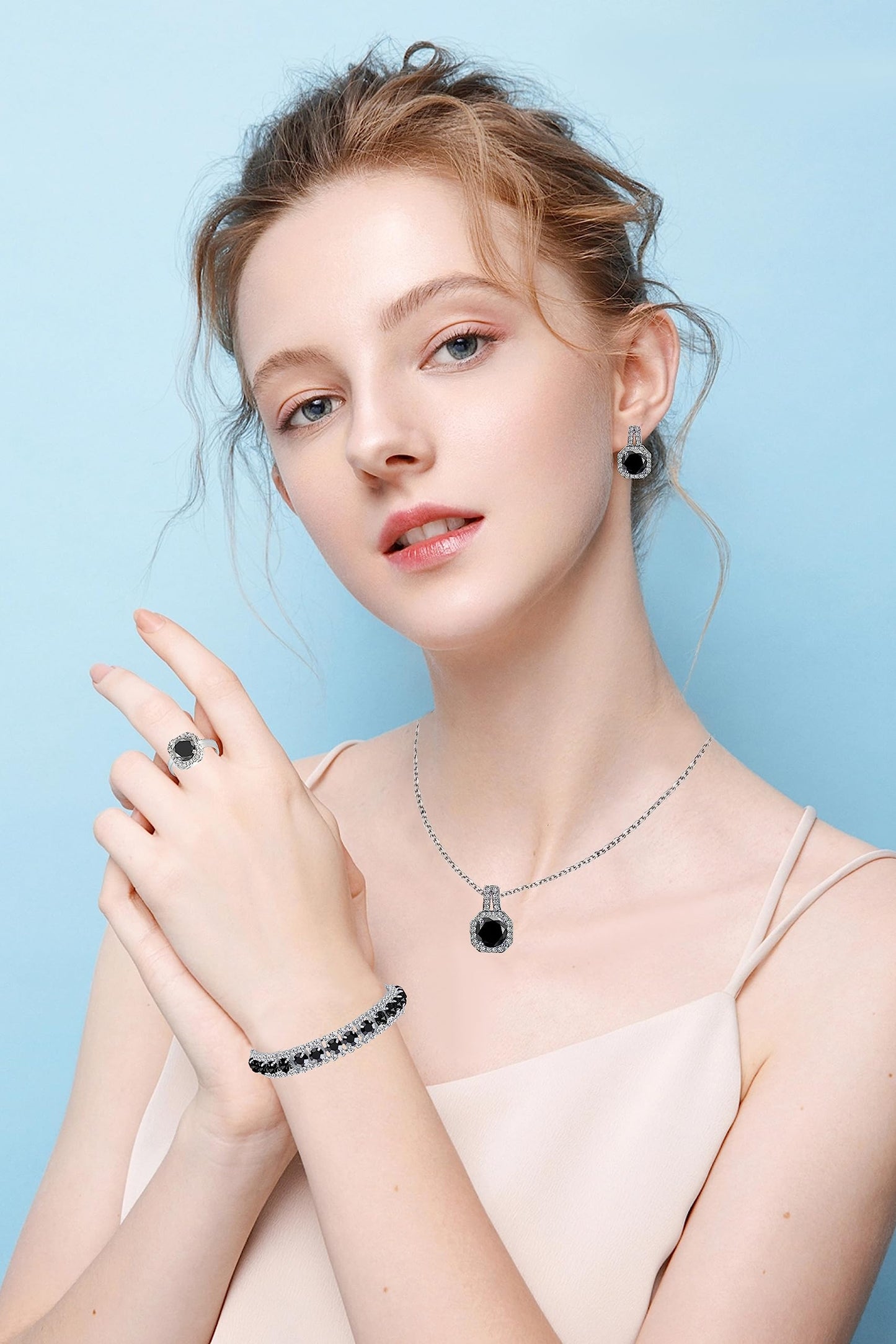 Paxuan Crystal Rhinestone Wedding Jewelry Sets Bridal Pendant Necklace Stud Earrings Link Bracelets Rings Set for Women (Platinum Plated Black Cubic Zirconia)