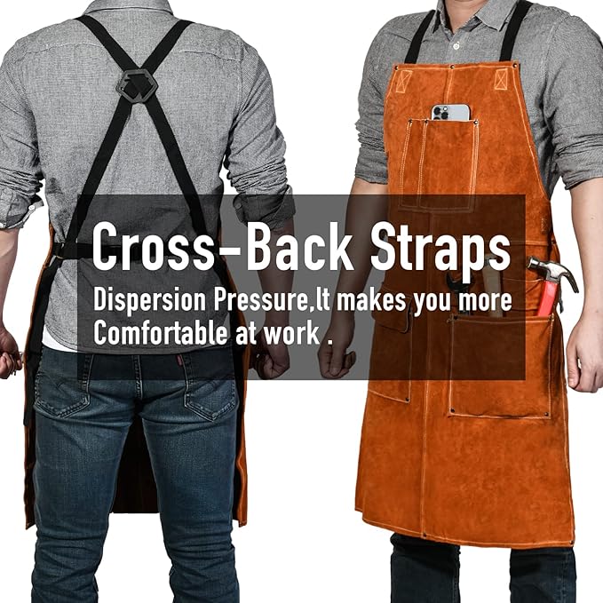 Leather Welding Work Apron - Heat Resistant & Flame Resistant Bib Apron, Flame Retardant Heavy Duty BBQ Apron