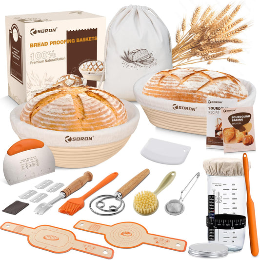 SORON Sourdough Starter Kit, Banneton Bread Proofing Basket with Glass Sour Dough Starter Jar, Sourdough Bread Baking Supplies Tools, 9" Round & 10" Oval Banneton Baskets, Gift Set for Homemade Making
