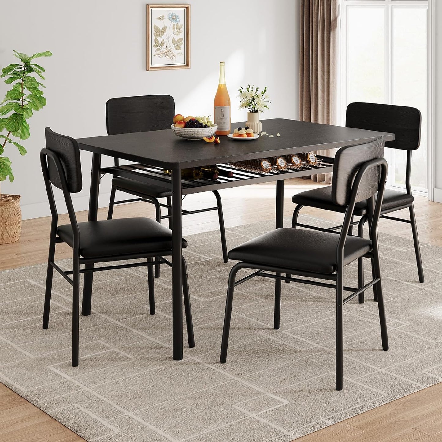 GAOMON 5-Piece Dining Table Set for 4, Wood Kitchen with Built-in Storage Rack,Small Kitchen Table with Upholstered Chairs and Metal Frame for Small Spaces, Black