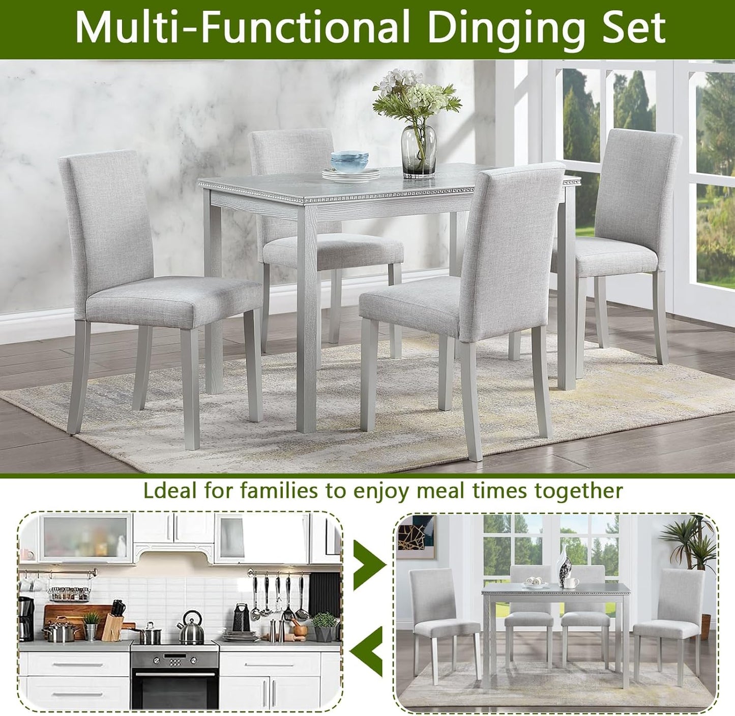 KEIKI 5-Piece Standard Height Dining Table Set with Rectangular Table and 4 Upholstered Chair, for 4 Person, Crystal Decoration Wooden Table Set, Easy Assembly, for Kitchen, Dining Room, Silver Grey