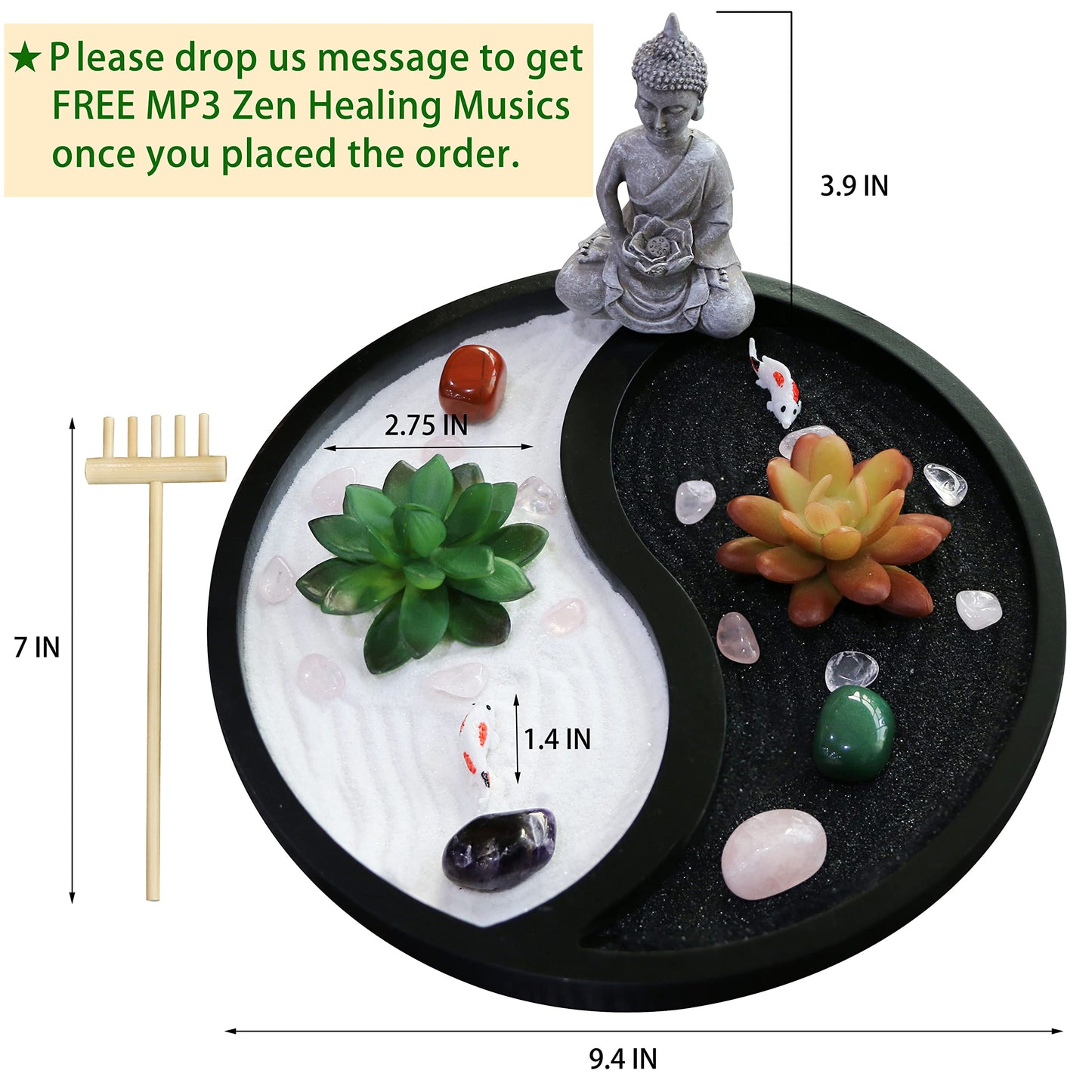 Buddha Meditation Zen Garden Kit - Home Office Tabletop Taiji Yin Yang Sand Garden Altar Zen Decor Zen Gifts DIY Mini Chakra Crystal Quartz Rock Garden w/ Nature Healing Stone Rake Tool