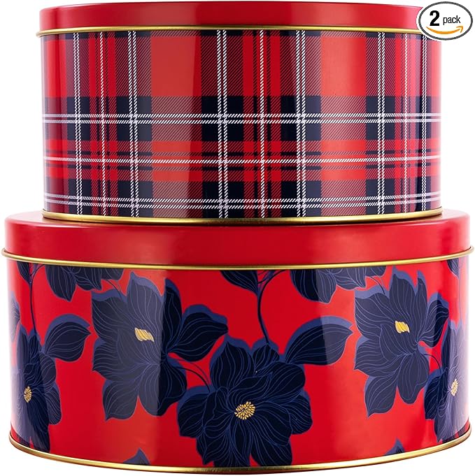 Draper James Cookie Tin Set for Treat Exchange and Gifting, Set of 2 Nesting Metal Boxes, Angie Plaid