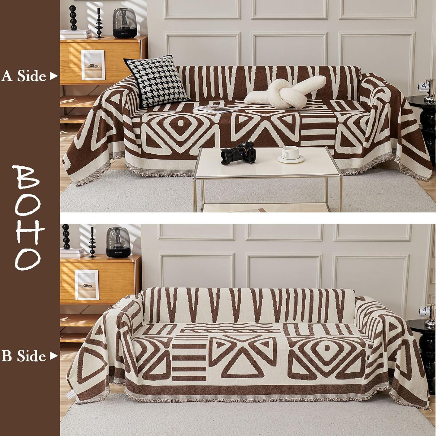 HANDONTIME Chocolate Boho Couch Cover Reversible Sofa Covers for 3 Cushion Couch Washable Sofa Cover for Dogs Dark Couches Covers Chenille Couch Protector Covers for Sofa, 71" X102"