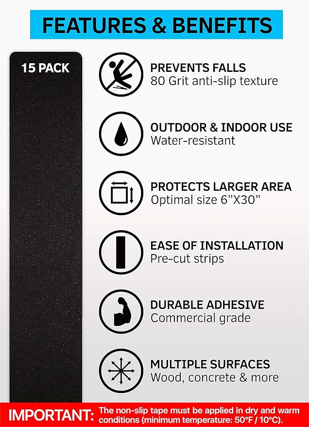 6”x30” Stair Treads Non-Slip Outdoor Tape – (15-Pack) Black Anti-Slip Strips