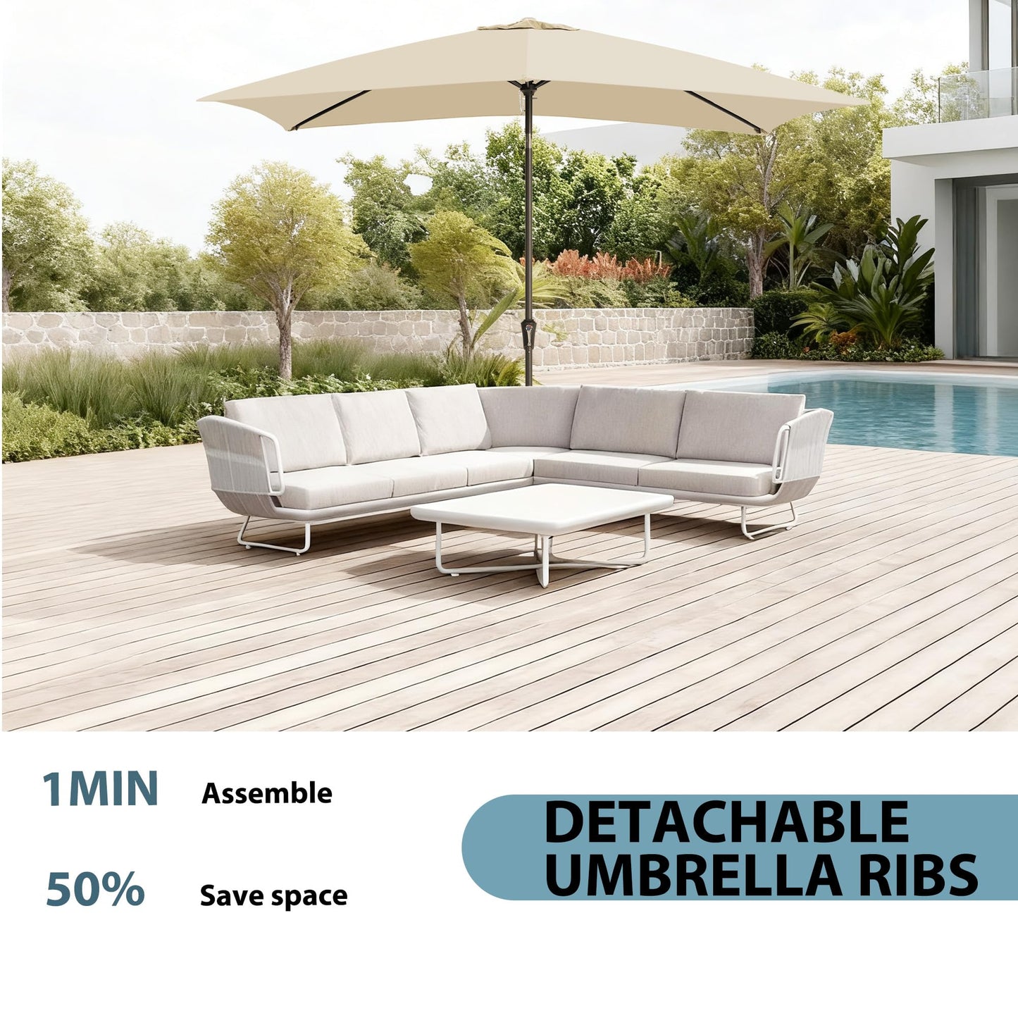 GREFORG 6.5x10FT Rectangular Patio Umbrella with Push Button Tilt & Crank Lift for Garden,UV Protection Outdoor Umbrella for Deck,Pool and Yard,Beige