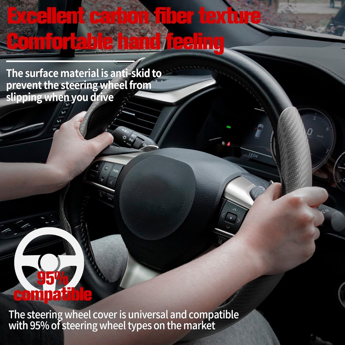 Amiss Car Carbon Fiber Anti-Skid Steering Wheel Cover, Segmented Protector, Butterfly Universal 99% Cover Interior Accessories (Grey)