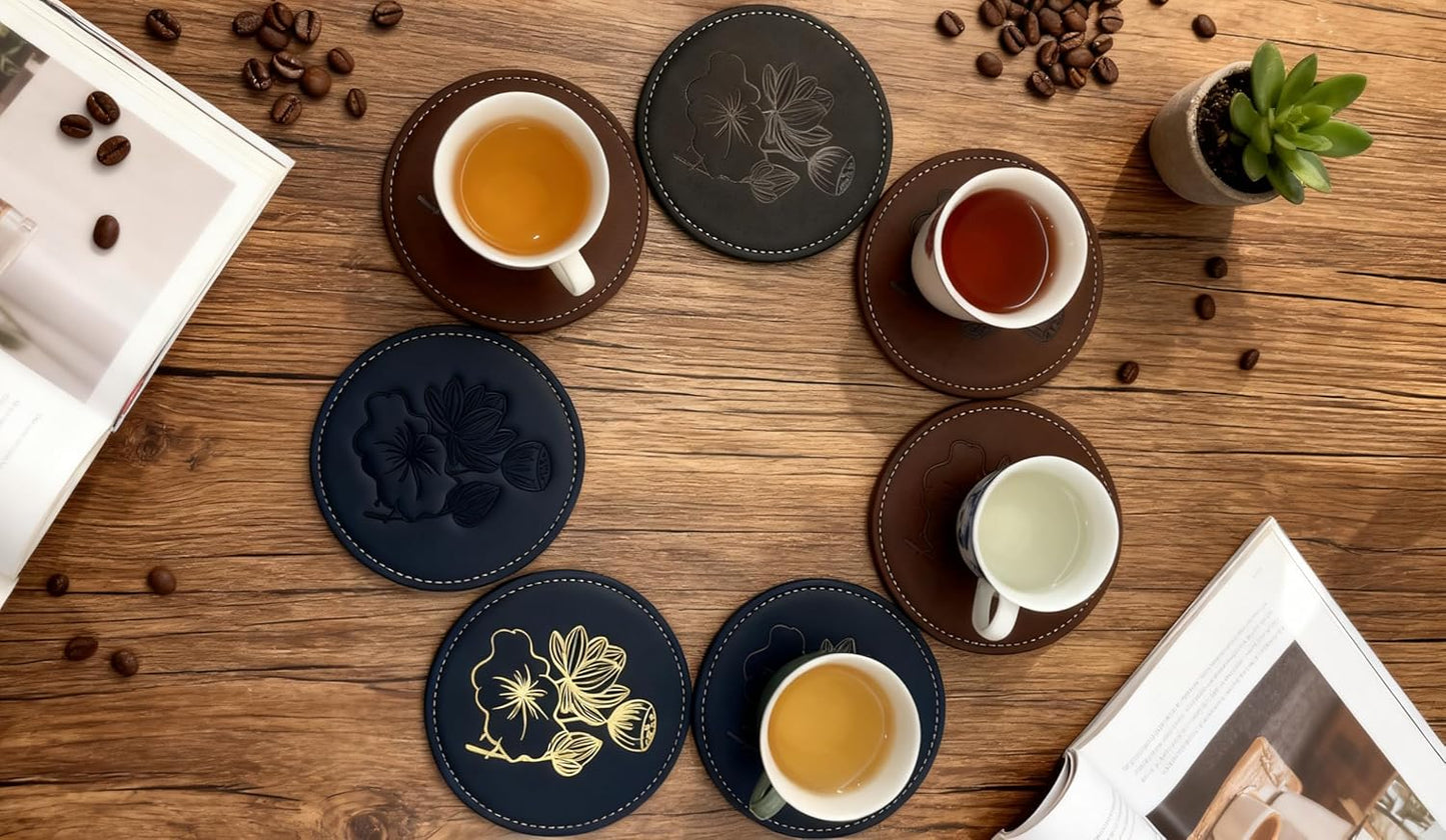 Custom Vintage Coasters Set of 6, Leather Coasters with Holder, Coaster for Office Desk, Non-Slip, Non-Stick, Easy Clean, for Housewarming Gifts, Home Decor, Wooden Table, Coffee Table, Bar (Brown)
