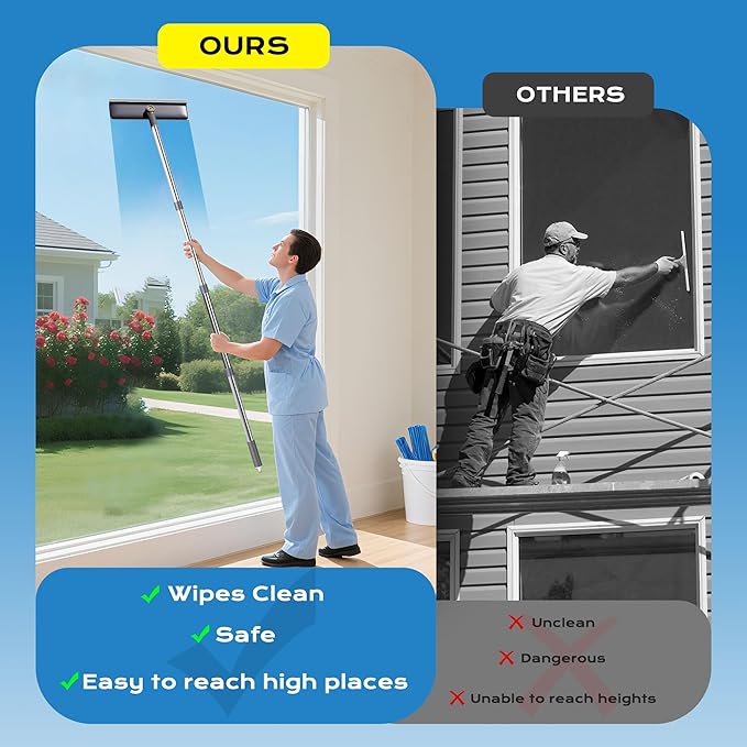3 in 1 Window Squeegee for Home with 55" Lightweight Extension Poles Streak-Free Microfiber Scrubber for Outdoor/Indoor Windows, Shower Glass Door, Car Windshield, RV/Camper Windows