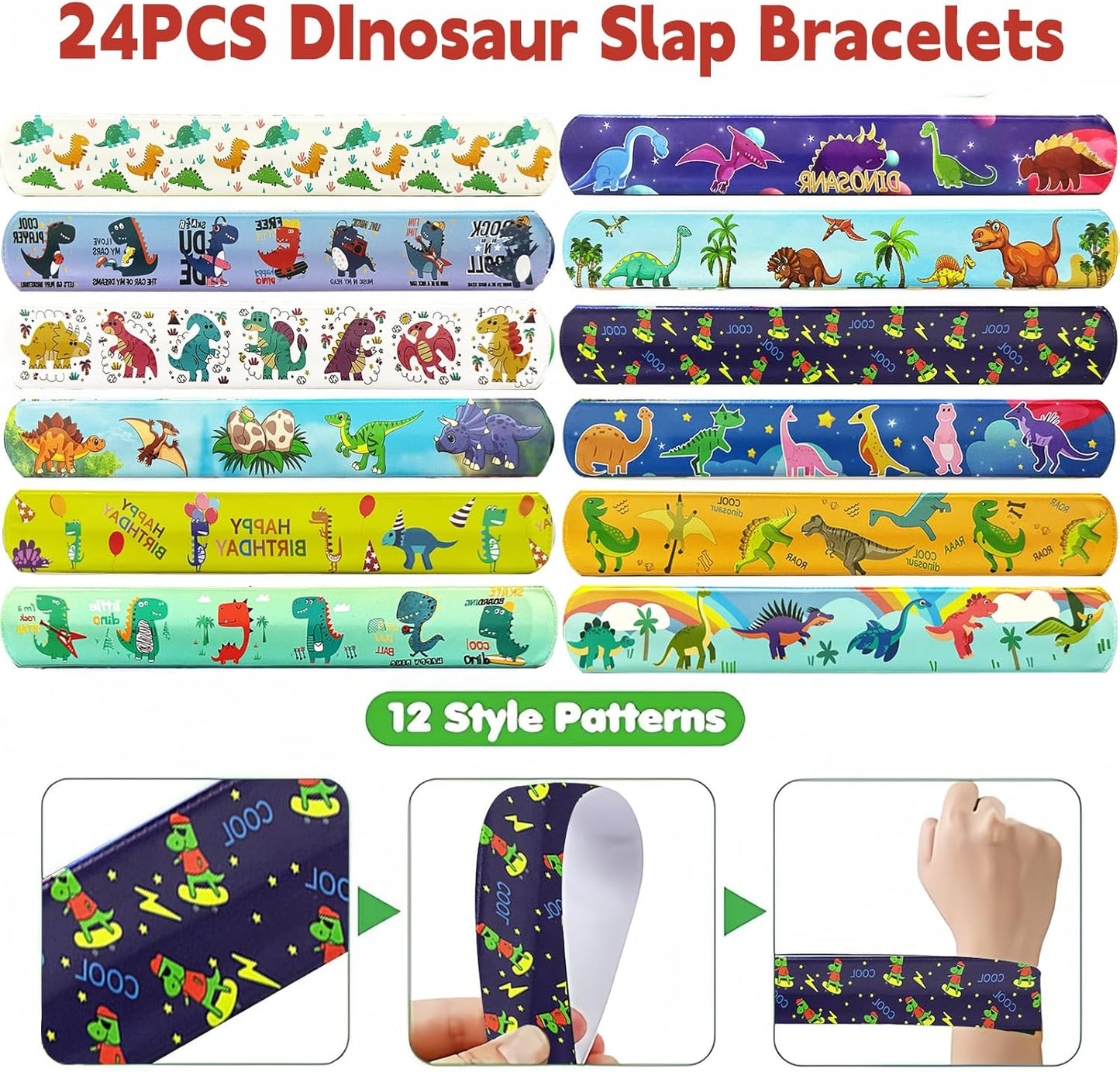 74Pcs Dinosaur Theme Party Favors Contain 24 Pcs Slap Bracelets 50Pcs Stickers, Dino Theme Birthday Party Decorations,Classroom Rewards Supplies.