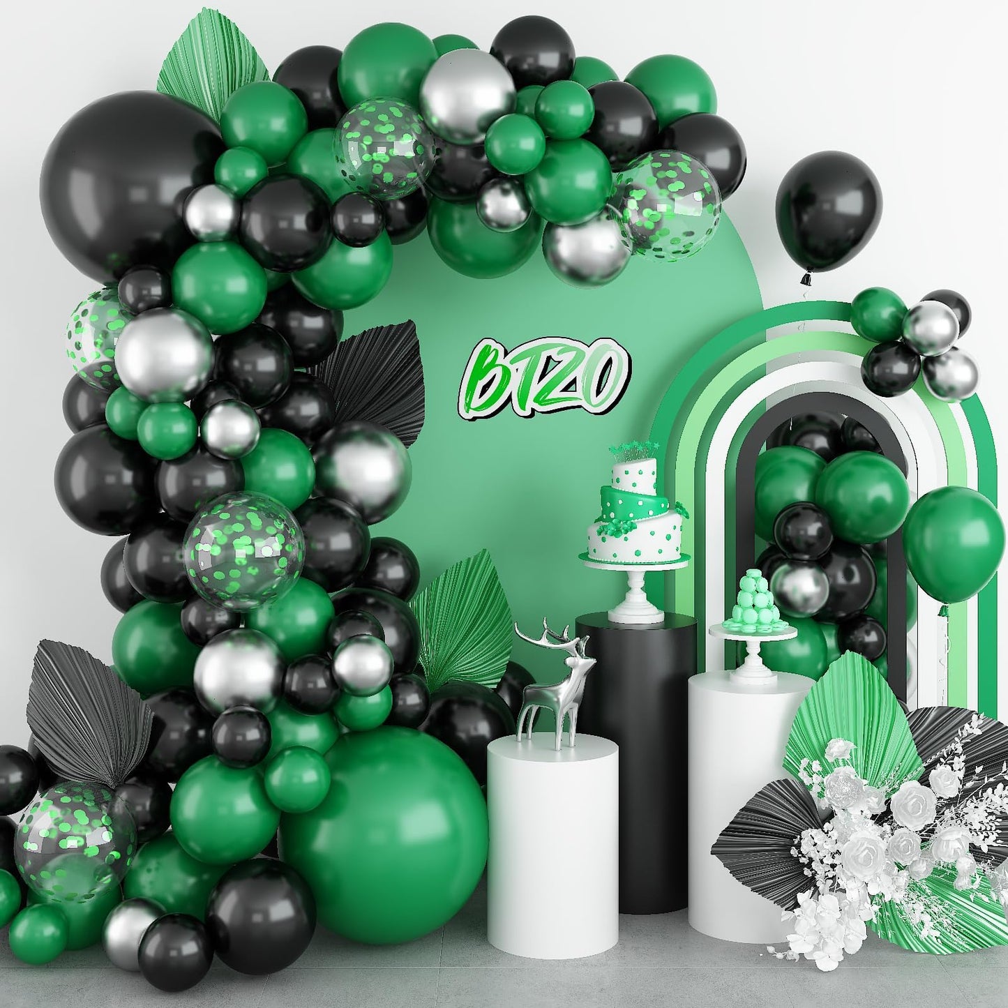 Black Green Balloon Garland,BTZO Balloons Arch Kit With Metallic Silver Confetti Balloon,Black and Green Balloons for Birthday Wedding Bridal Shower Graduations Party Decorations
