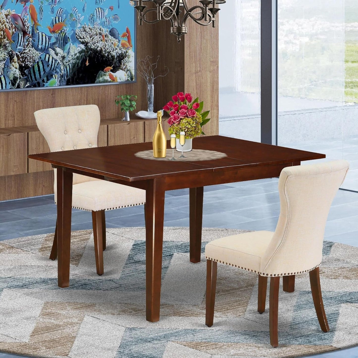 East West Furniture MLGA3-MAH-32 3 Piece Dining Room Table Set Contains a Rectangle Kitchen Table with Butterfly Leaf and 2 Light Beige Linen Fabric Parson Chairs, 36x54 Inch, Mahogany