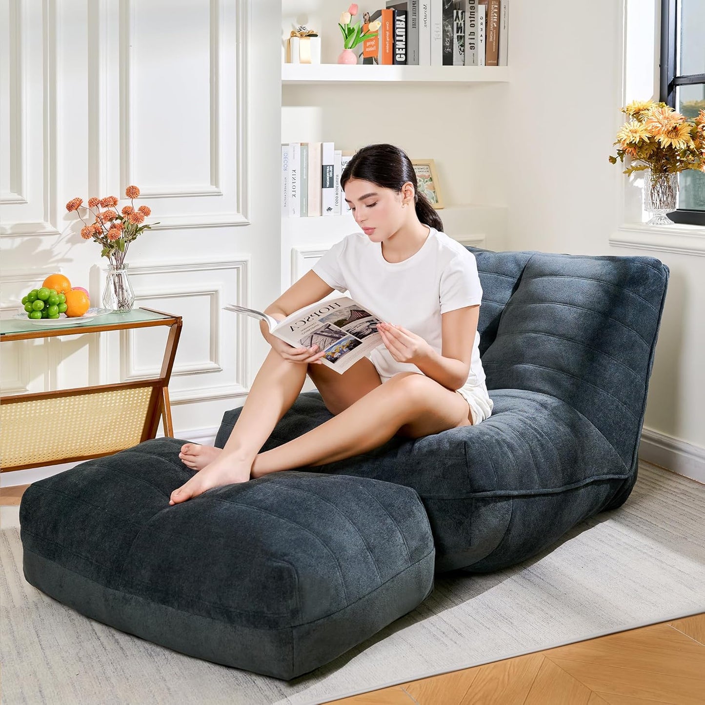 Bean Bag Chair with Ottoman, Comfy Bean Bag Sofa with Memory Foam, Lazy BeanBag Sofa with Footstool, Fireside Bean Bag Couch for Living Room, Bedroom, Apartment (Blue Gray)