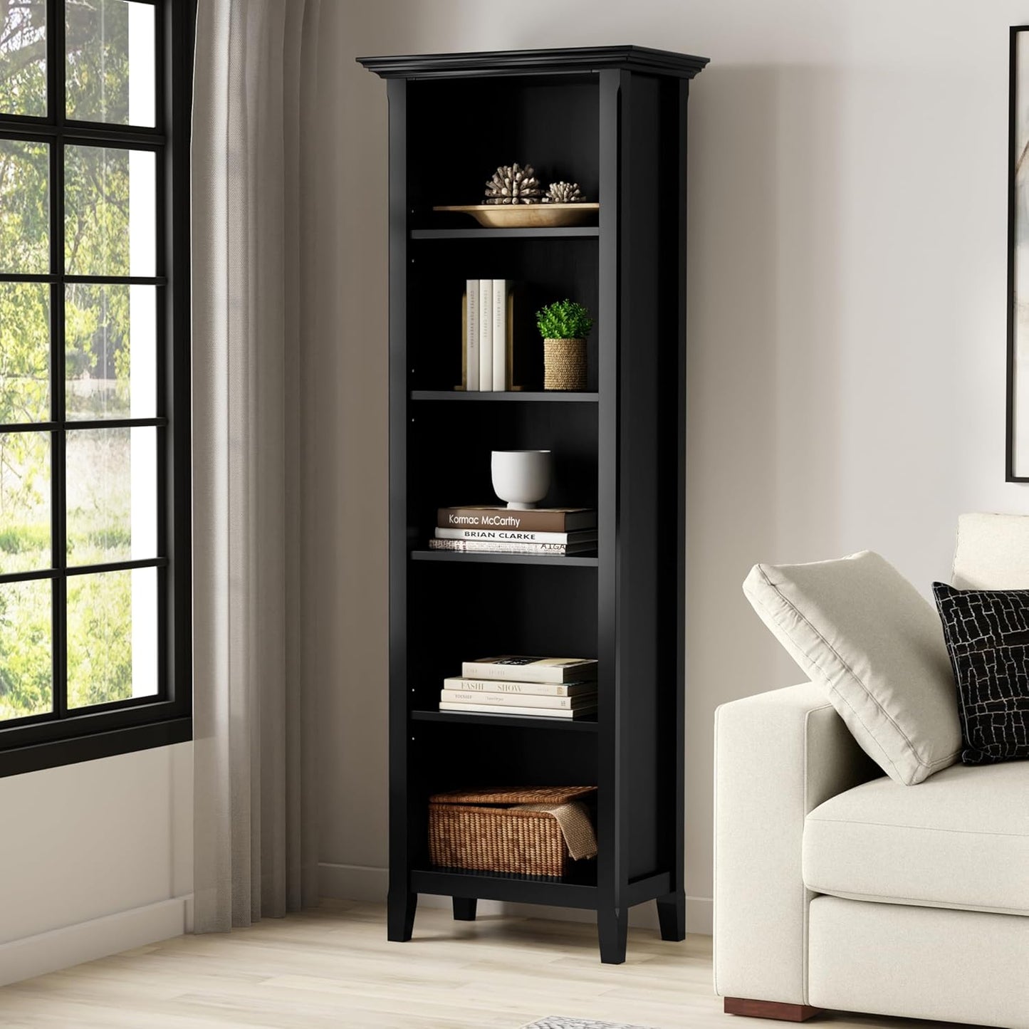 SIMPLIHOME Amherst Bookcase - 70 inch Tall 5-Shelf Solid Wood Bookshelf in Black, Transitional Storage for Living Room, Study Room or Office with Adjustable Shelves and Tapered Legs