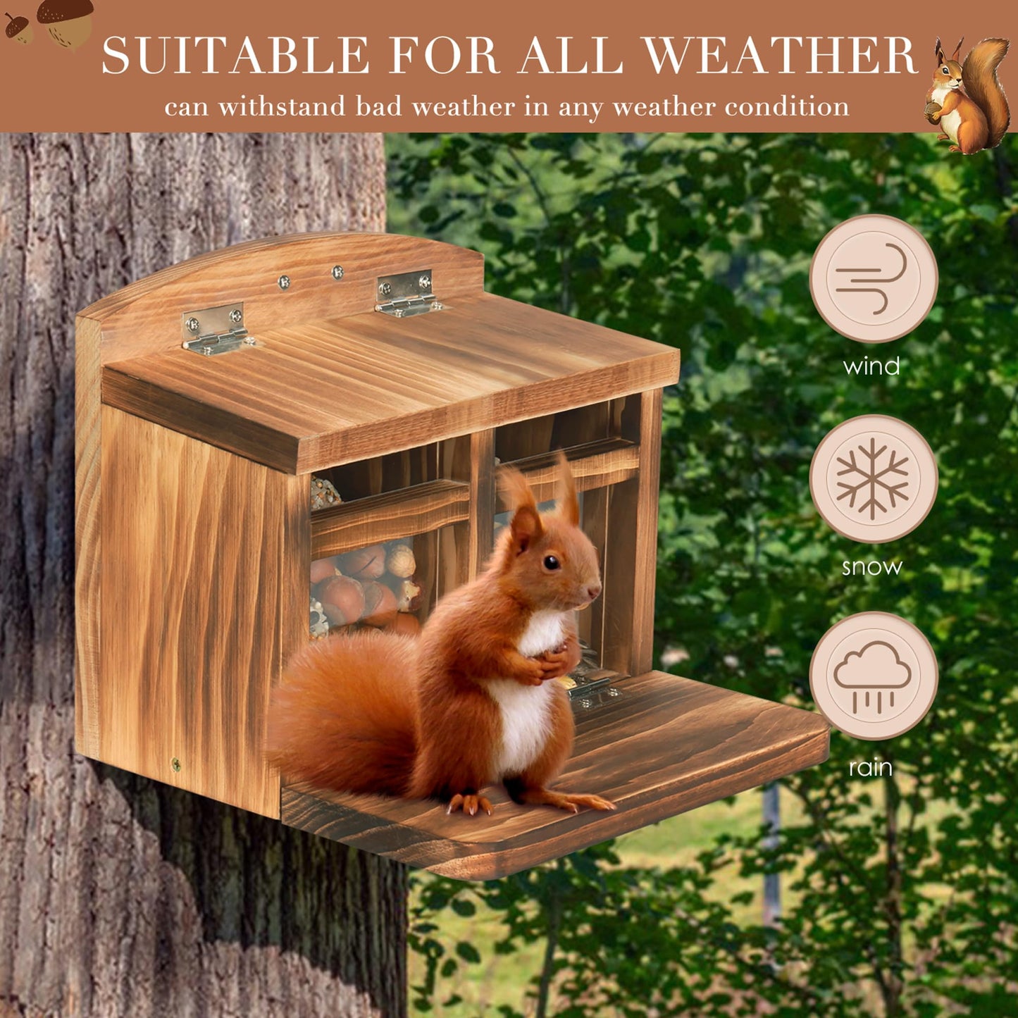 MIXXIDEA Large Squirrel Feeder House, Wooden Squirrel Feeders for Outside, Chipmunk Feeder Made of Thick Wood, No Assembly Required (Brown)