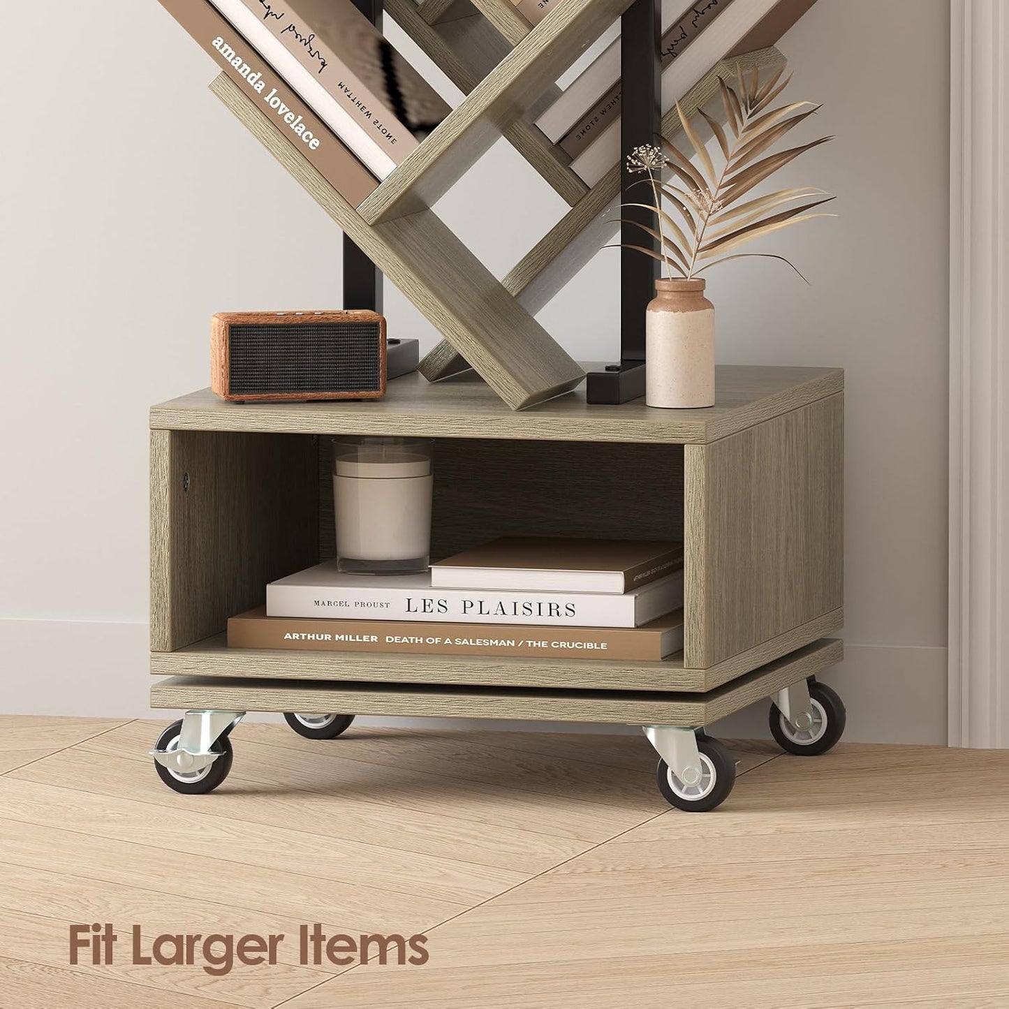 Double Sided Rotating Tree Bookshelf - 7-Tier Retro Floor Standing Bookcase, Wood Storage for Books, CDs, Movies, Perfect for Small Spaces in Bedroom, Living Room, Home Office, Grey