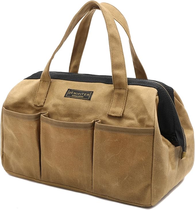 Tool Bag, 13-inch Heavy Duty Wide Mouth Water-Resistant Waxed Canvas Zipper Bag, Tool Tote with Handle for Tools, Wrenches, Screwdrivers (13 X 7.8 X 9 inch) | Khaki