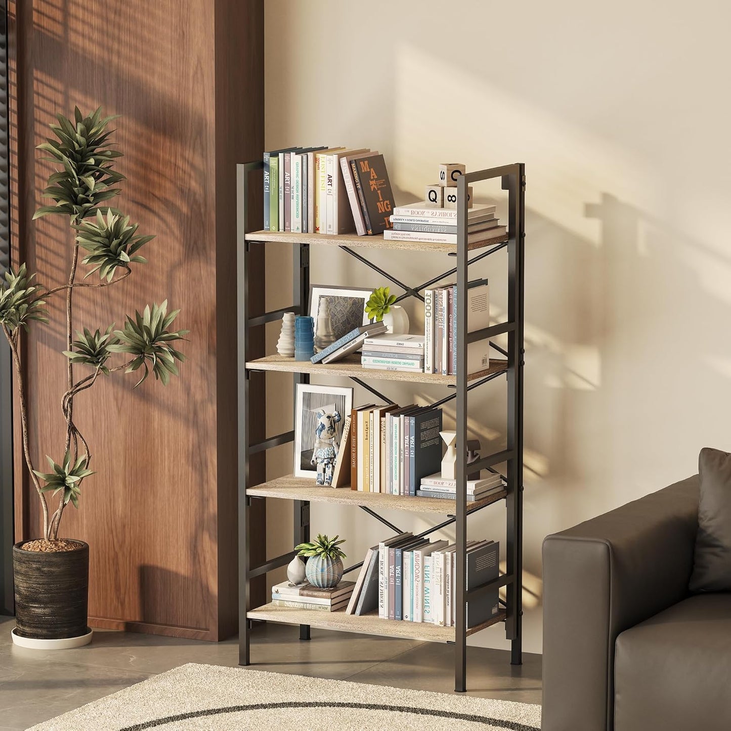 Folding Bookshelf,4 Tier Bookcase Foldable Shelf with X-Bracket Design, Adjustable Feet, Space Saving Storage for Living Room, Office, Brownish