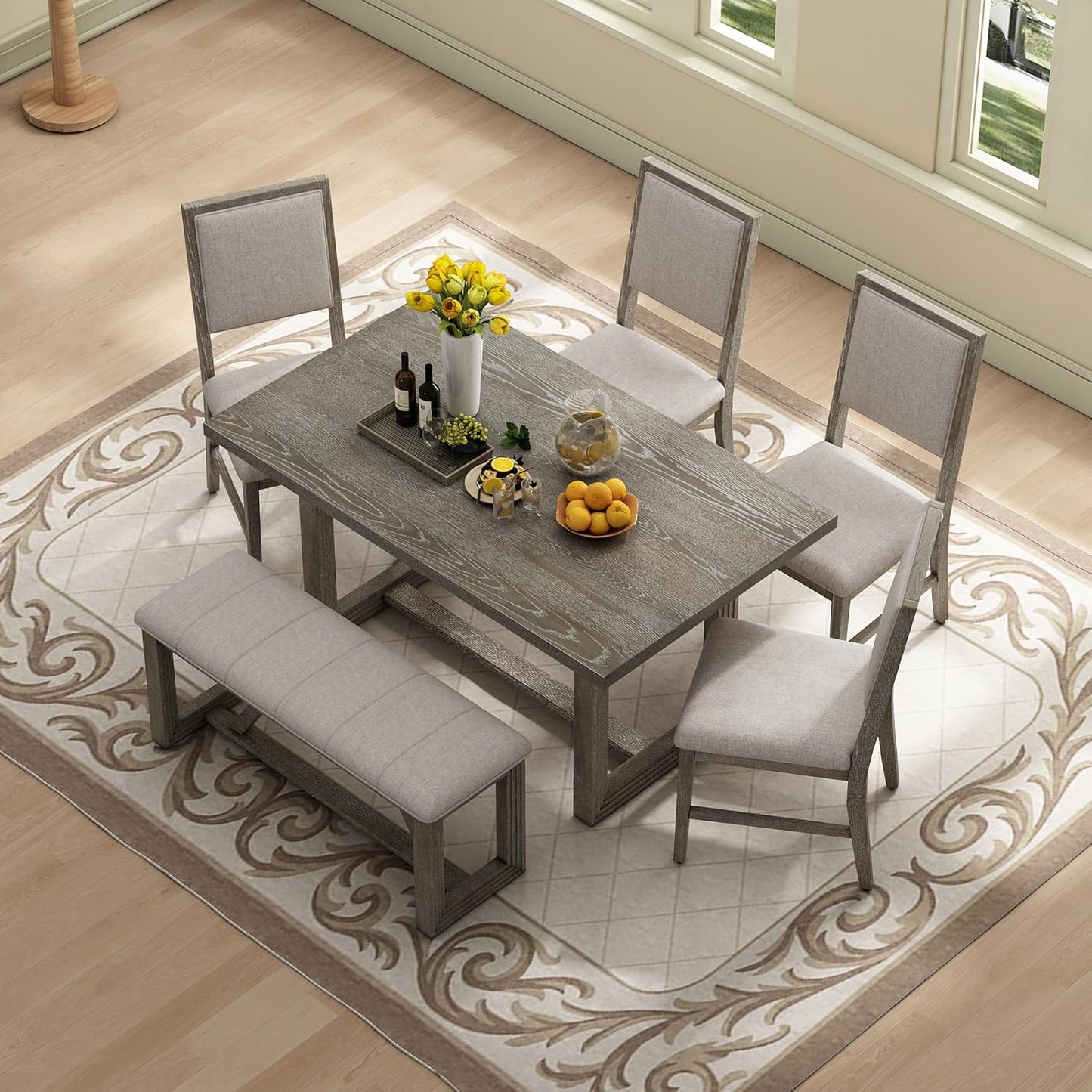 Merax Farmhouse Wooden Dining Set of 6, 59.6 inch Kitchen Table with Trestle Base, 4 Upholstered Chairs and 1 Bench, Easy Assemble Gray