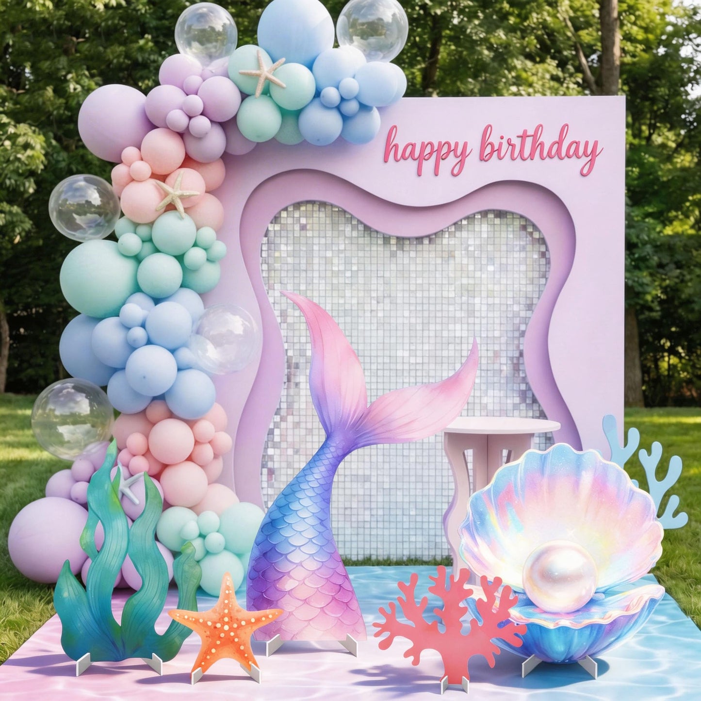 CORALMEE 5 Pcs Large Under the Sea Party Decorations Mermaid Birthday Decorations, Ocean Theme Party Supplies Mermaid Tail Shell Starfish Seaweed Coral Stand Up Cardboard Cutouts for Baby Shower