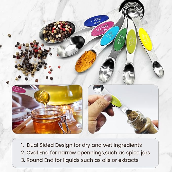 16PCS Magnetic Measuring Spoons and Measuring Cups Set, 7 Double-Sided Spoons& 1 Leveler and 8 Measuring Cups, Multicolor, Stainless Steel, Fits Spice Jars, Large Capacity Measurement