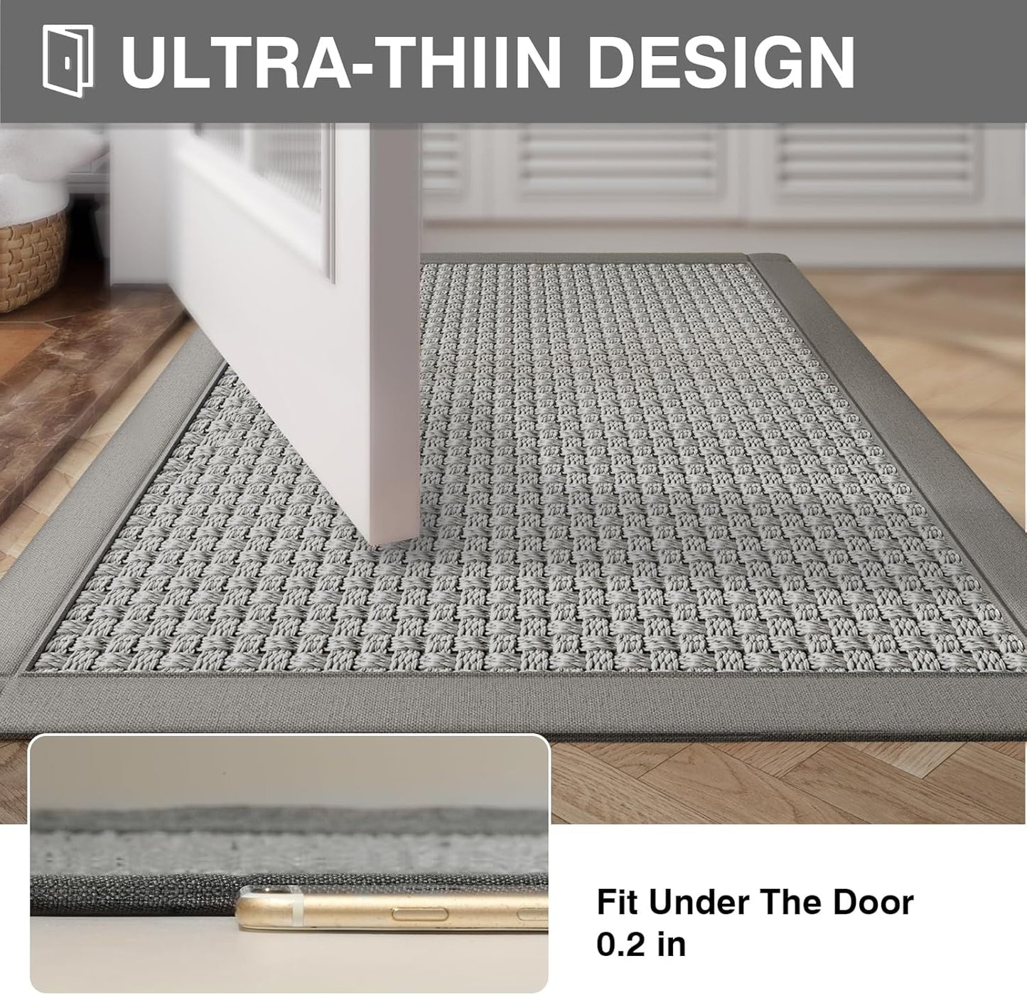 Non Slip Ultra Thin Bathroom Rugs Mat 20x32, Bath Mat Quick Dry Absorbent Bathroom Mat Floor Rubber Backed Fit Under Door, Woven Washable Bath Rugs, Gray