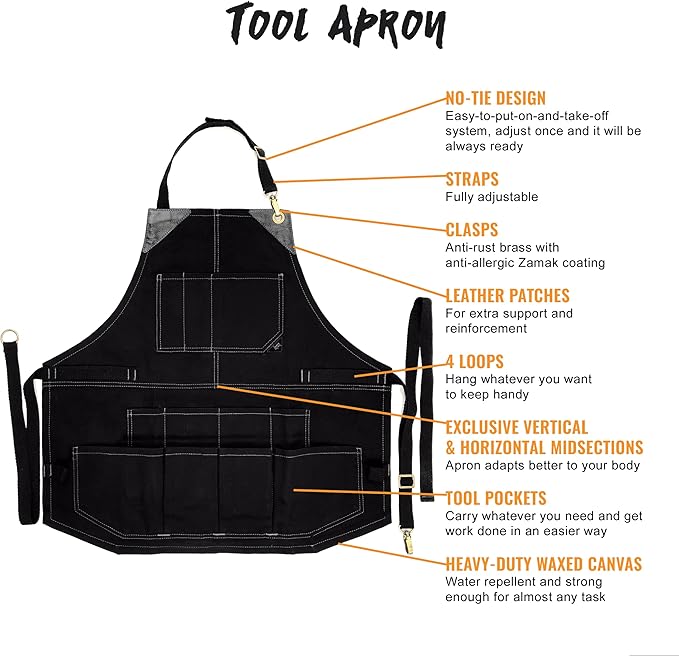 Under NY Sky Tool Black Apron – Heavy-Duty Waxed Canvas, Leather Reinforcement, Extra Pockets – Adjustable for Men and Women – Pro Mechanic, Woodworker, Blacksmith, Plumber, Electrician, Welder Aprons