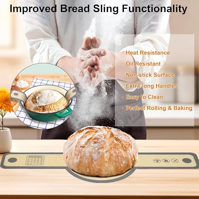 12-Piece Measuring Cups and Spoons Set with Stackable Measuring Cup, Lid, and 2 Grey Silicone Bread Slings(Oval and Round), BPA-Free, Dishwasher Safe, Baking Accessories