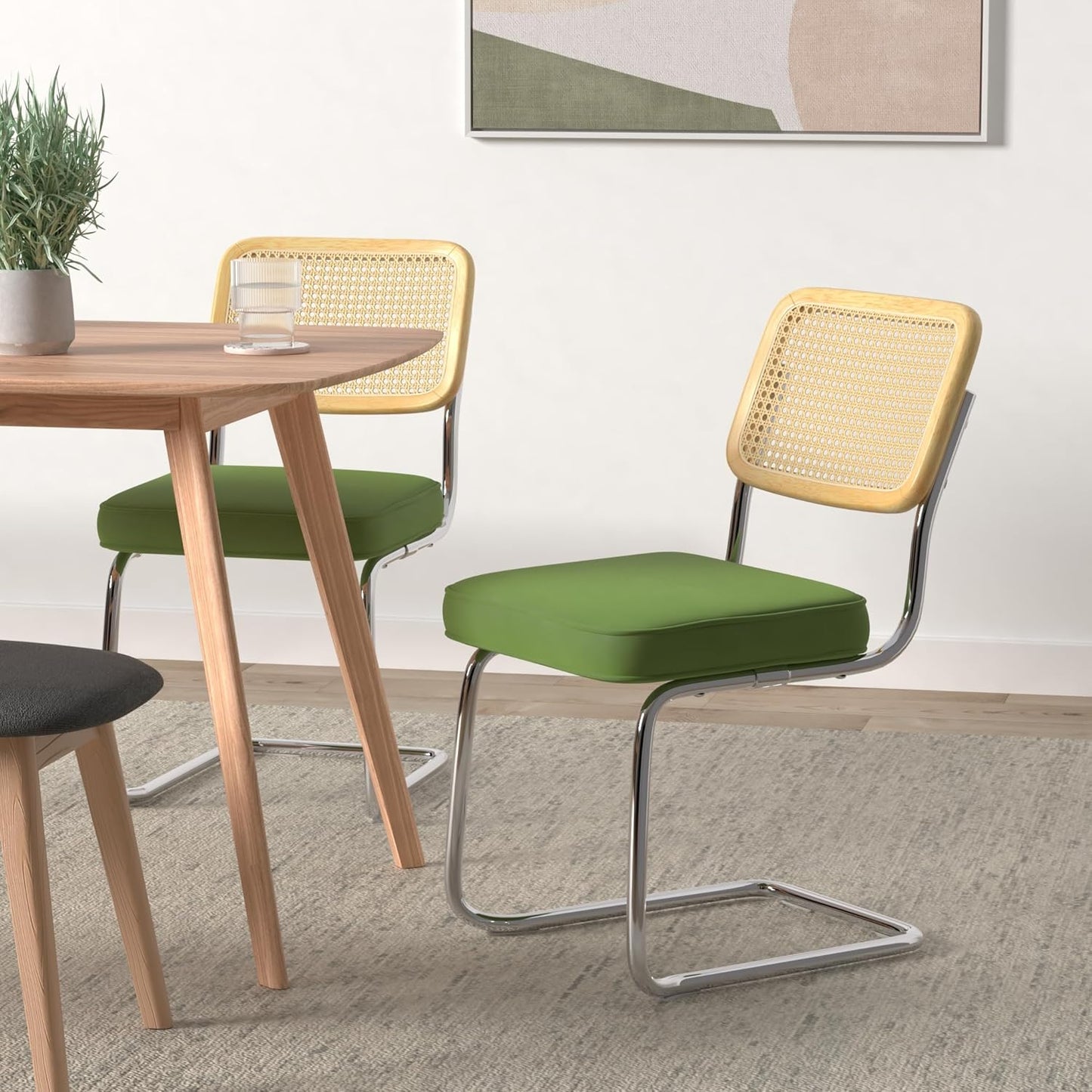 VEVOR Rattan Dining Chairs Set of 4, Mid Century Modern Dining Chair, Upholstered Velvet Accent Chair with Rattan Back, Retro Dining Room Kitchen Chair for Living Room, Bedroom (18.1 Inch)
