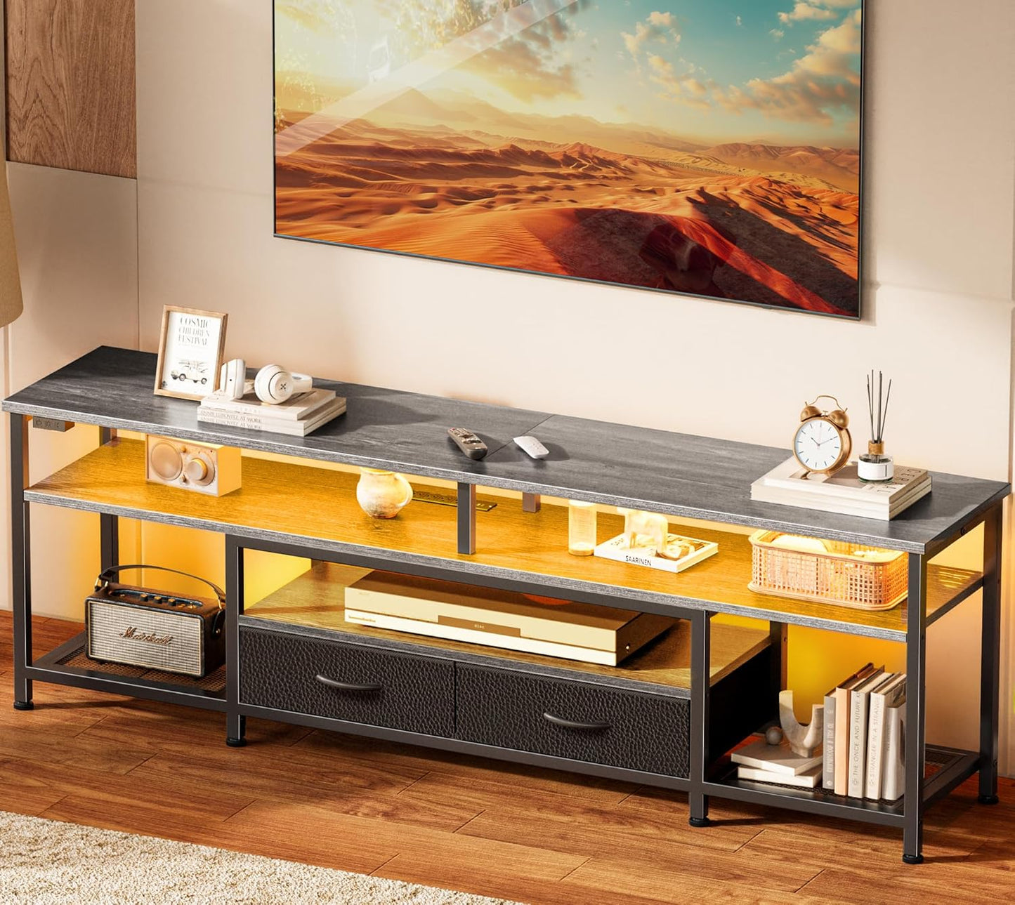 Huuger TV Stand for 65 70 Inch TV, Entertainment Center with Power Outlets and LED Lights, TV Console for Living Room, Media Console with Drawers and Shelves, Grey