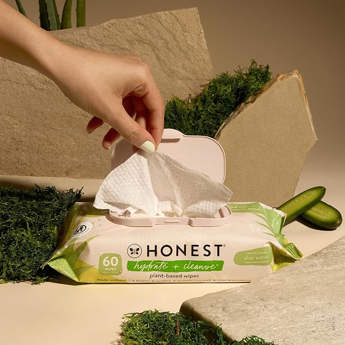 The Honest Company Hydrate and Cleanse Naturally Scented Wipes Cleansing Multi-Tasking 99% Water Plant Based Hypoallergenic Aloe Cucumber 60 Count