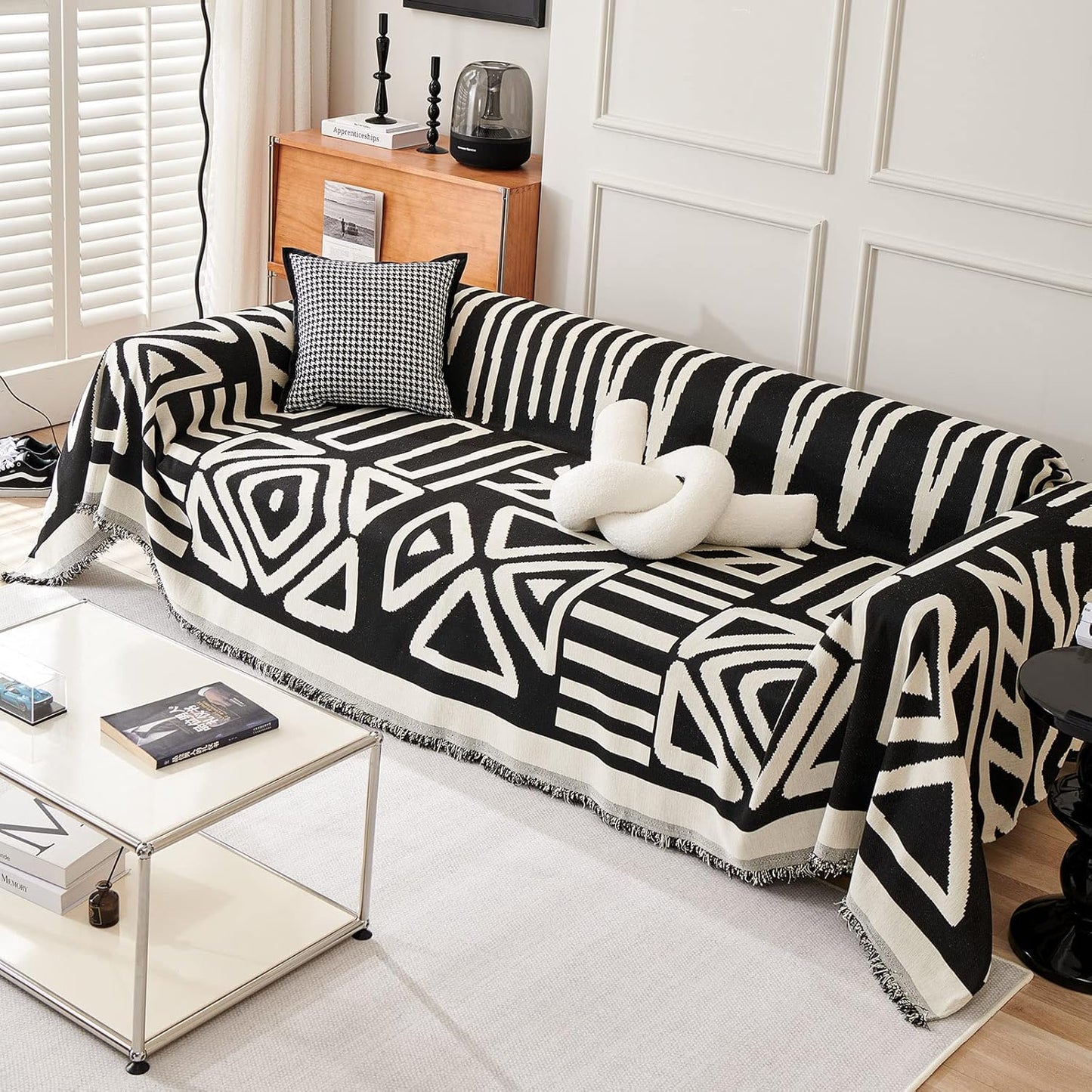 STACYPIK Modern Boho Sofa Cover for Dogs Chenille Couch Cover with Tassels Reversible Anti Slip Sofa Slipcover for 3 Cushion Couch Soft Black Beige L Shaped Cover Multi-Use Throw Blankets-71X134IN