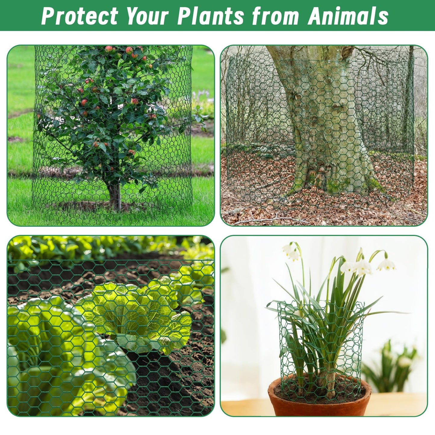 Convivium Plant Protectors from Animals, 0.8mm Free-Cut Green Chicken Wire Mesh, PVC Coated Tree Trunk Guard & Garden Fence for Outdoor Plants with Zip Ties, Stakes, Pliers, Gloves（33Ft*16In）