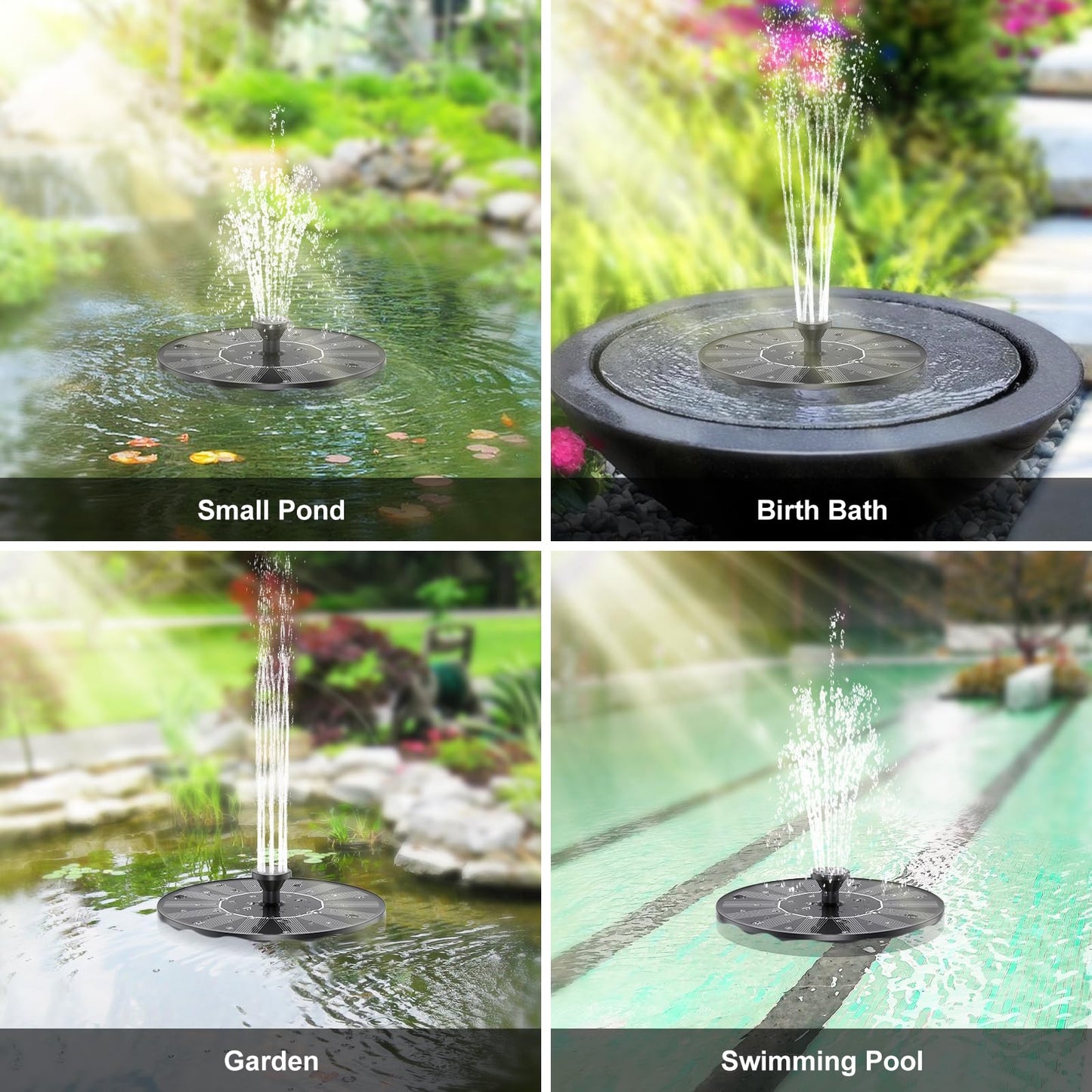 Priksia Solar Water Fountains,Solar Powered Bird Bath Fountain with 6 Nozzles - Free Standing Floating Solar Fountains for Bird Bath, Garden, Pond, Pool (Black-1.4W)