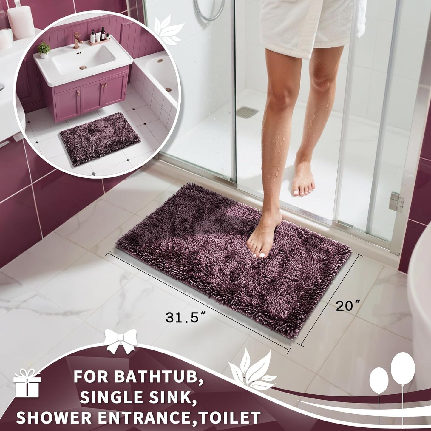 Yimobra Chenille Bathroom Rugs Non Slip, Extra Thick Soft Absorbent Bath Rug 31.5x20 Inch, Machine Washable Quick Dry Bath Mat for Bathroom Floor, Tub and Shower, Home Decor Accessories, Purple Grey