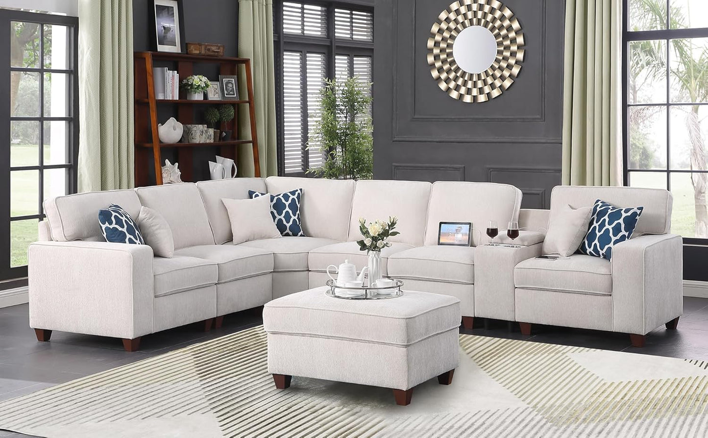 127" L-Shaped Sectional Couch with Movable Ottoman & 6 Throw Pillows,7 Seat Chenille Upholstered Sofa W/2 Cup Holder,USB Port & Hidden Storage Box,DIY Combination,for Living Room,Apartment,Beige