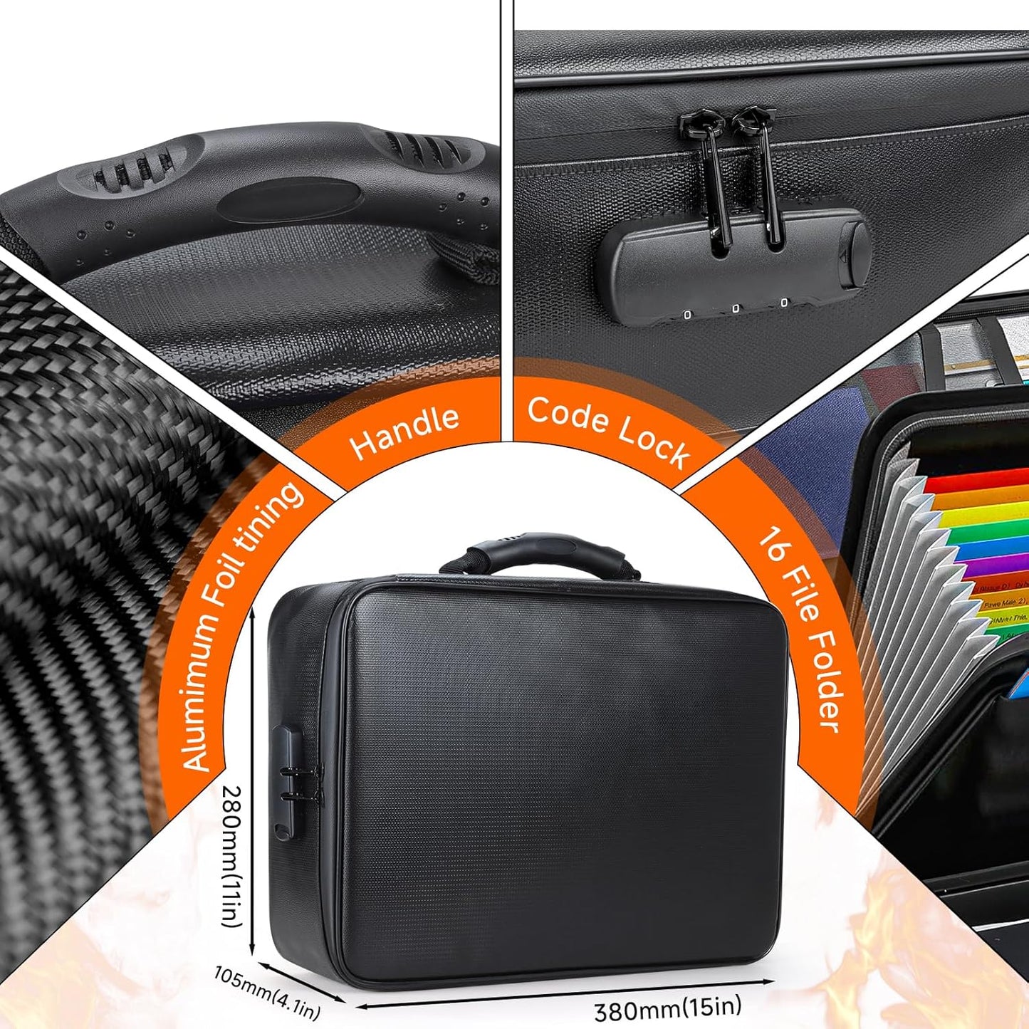 Fireproof Document File Organizer Bag, 5200°F Portable File Organizer with Lock, 16 Layer File Box Waterproof and Heat Insulated Safe Storage for Important Documents, Laptop, and Files and More