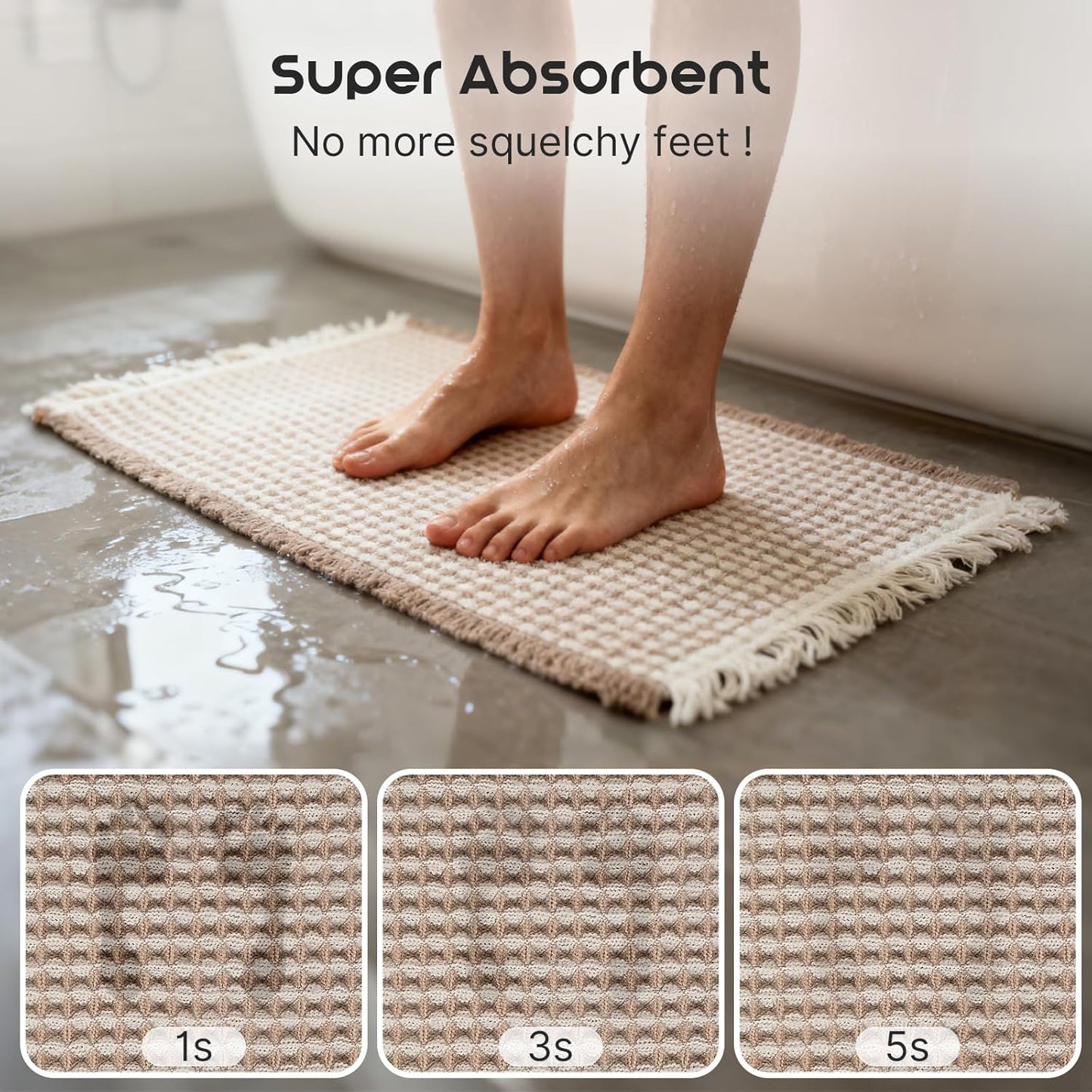 ArtyCozy Waffle Bath Mat Set of 2, Super Absorbent Soft Non-Slip Boho Bath Rugs with Flat-Woven Hot Glue Backing for Bathroom, Machine Washable Bath Mats, 17" × 24" Plus 17" × 24", Brown & White