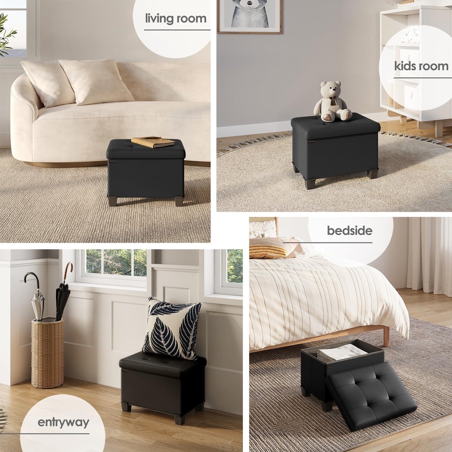 STORAGEBUD Storage Ottoman Cube with Small Bin, 16-in Square Ottoman with Storage for Living Room and Bedroom, Small Ottomans Foot Rest, Faux Leather Foot Stools Ottomans Max 330lbs, Black