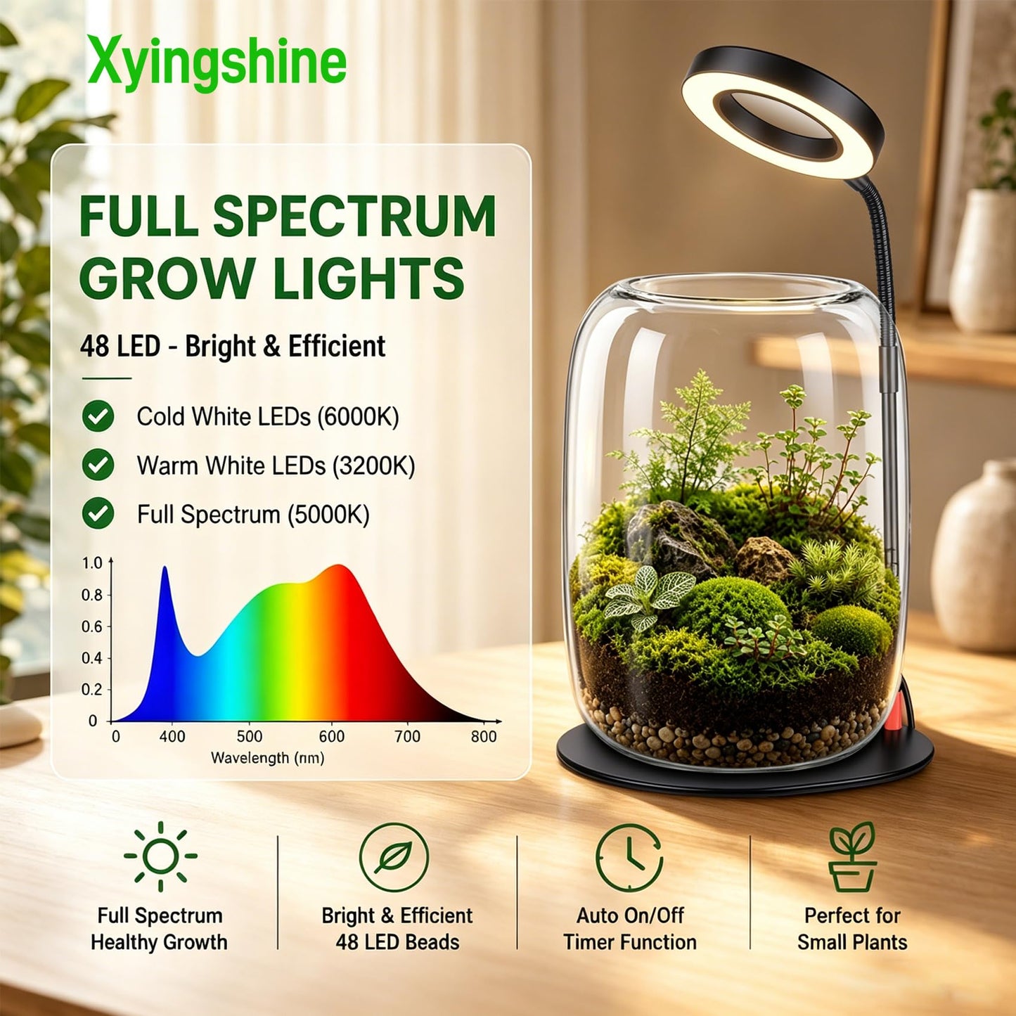 5X Aperture Glass Terrarium Grow Light with Full Spectrum LED for Indoor Plants, Mini Desk Plant Growing Lamp for Succulents & Moss, 3 Modes, 10 Brightness Levels, Height Adjustable