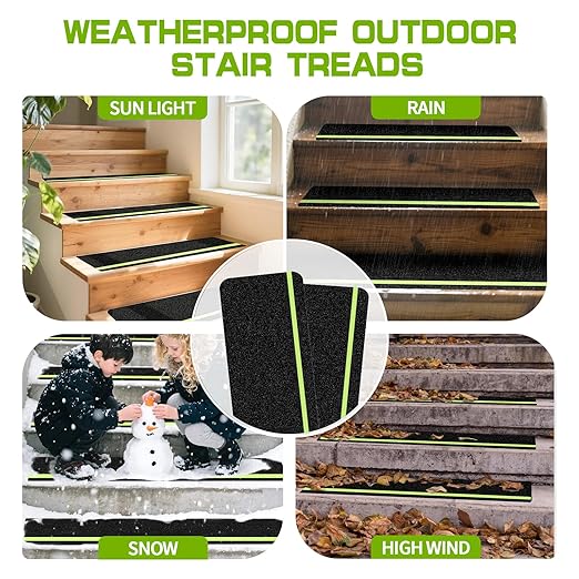 LadyRosian Outdoor Stair Treads Non Slip 10-Pack Black Glow 6" x 24" - Weather Resistant Adhesive Heavy Grip Tape - Waterproof Anti Skid Strips- Glow in The Dark 80-Grit Adhesive Treads