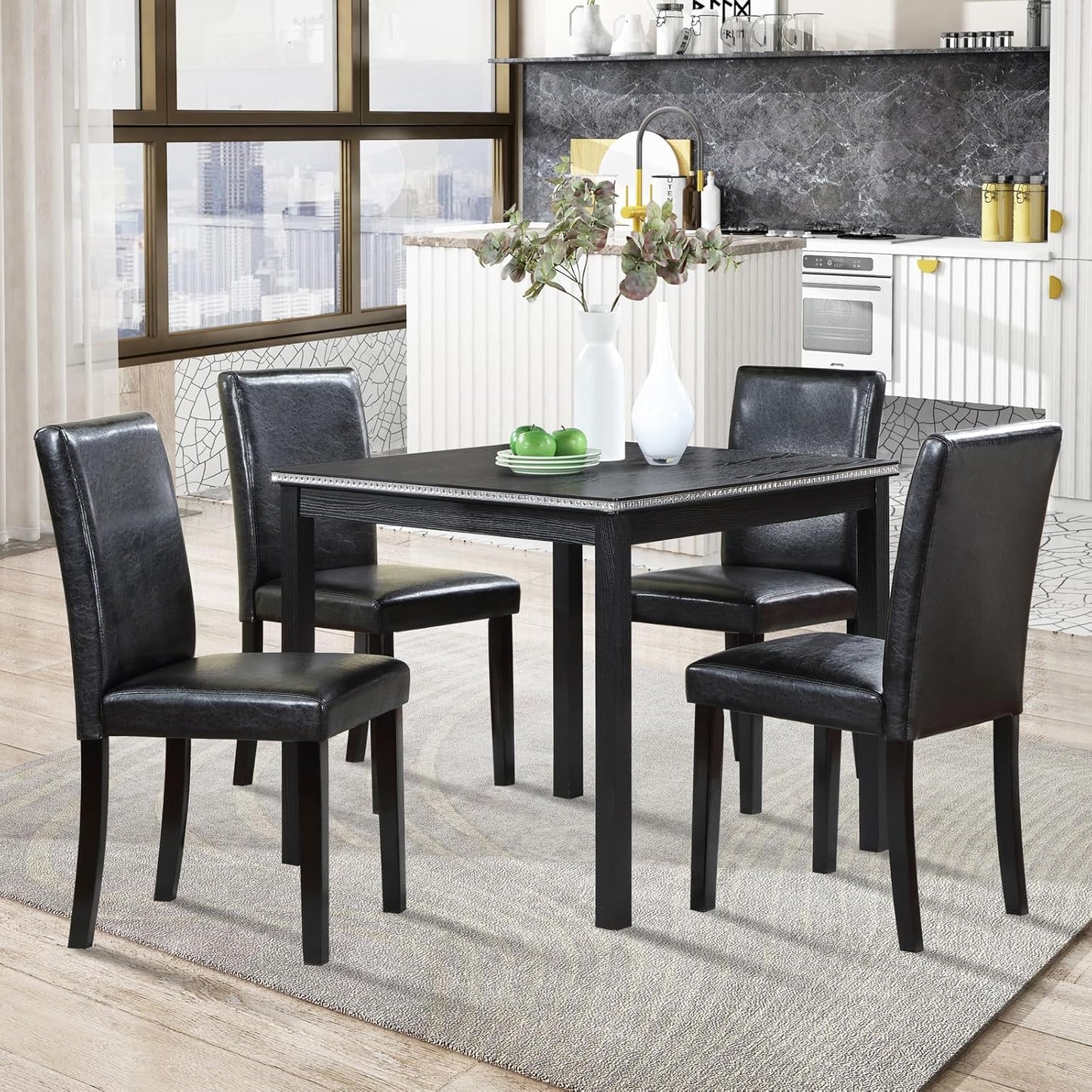 KEIKI 5-Piece Standard Height Dining Table Set with Square Table and 4 Upholstered Chair, for 4 Person, Classic Crystal Decoration Wood Table Set, Easy Assembly, for Kitchen, Dining Room, Black