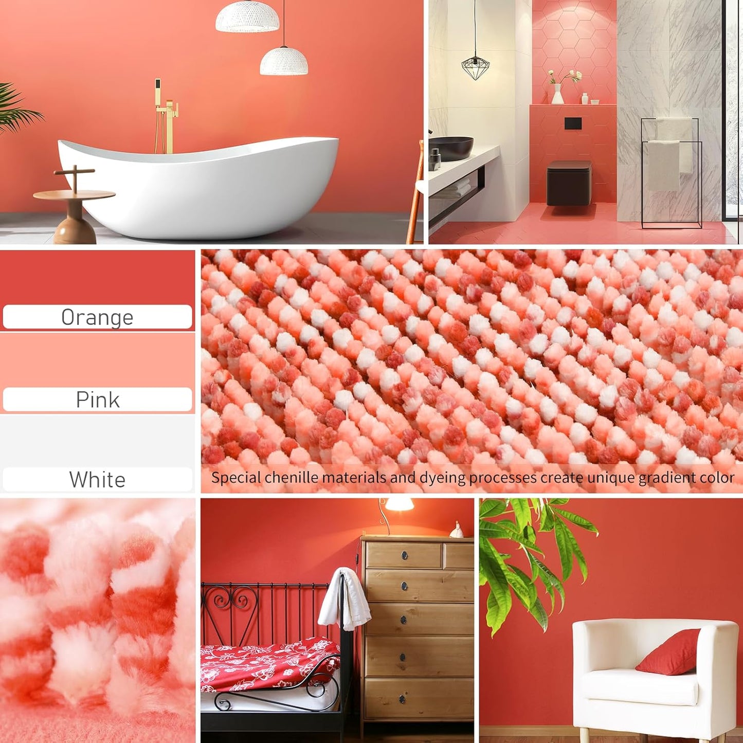 Yimobra Chenille Bathroom Rugs, 31.5x20, Extra Soft Bath Mats for Bathroom Non Slip, Fluffy Plush Luxury Shower Mat Outside, Water Absorbent, Machine Washable, Sink and Tub, Orange & Pink