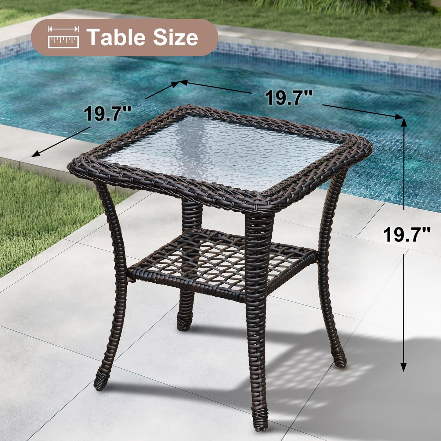 BABYLON Indoor Outdoor Coffee Table, All-Weather Wicker Tempered Glass Top Side Table, Indoor Outdoor Patio End Table with Storage Space, 20''x 20''x20''