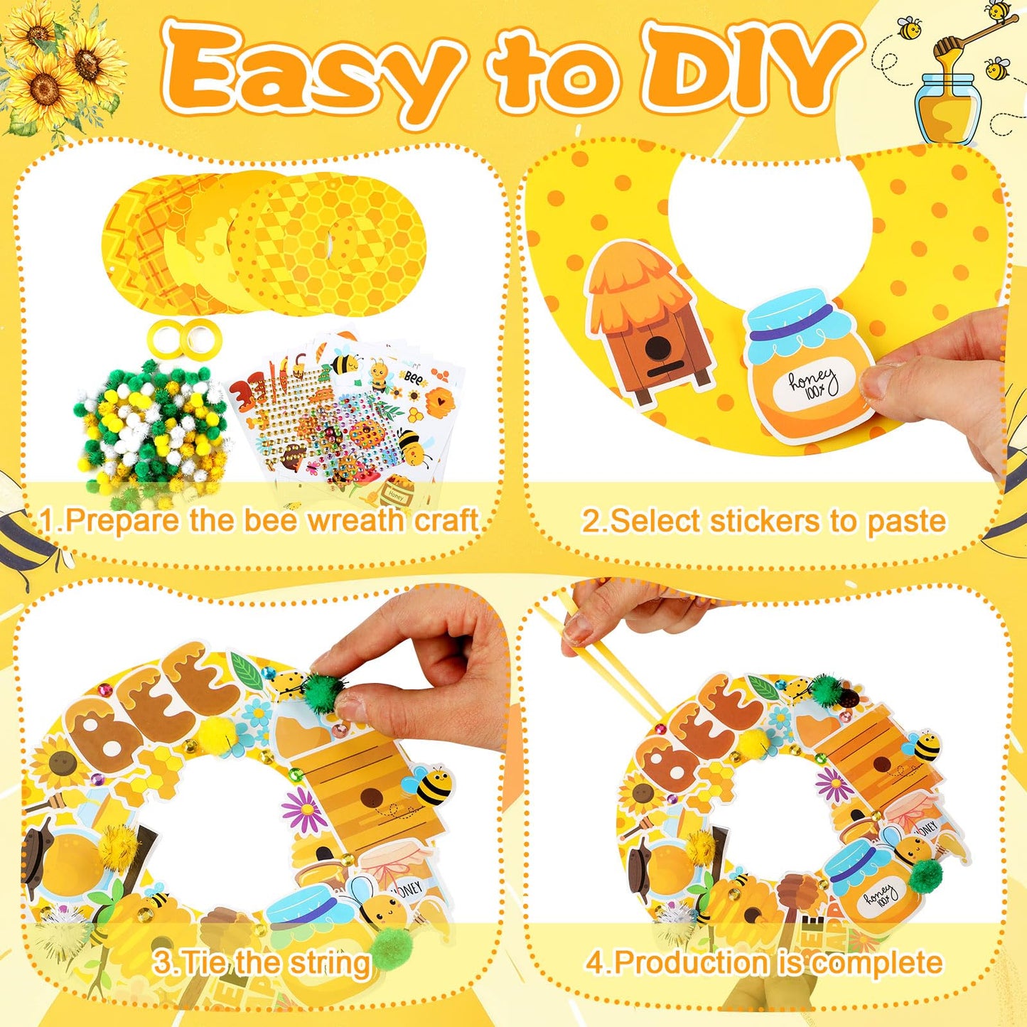 Hollowfly 48 Sets Bee Wreath Crafts Kits DIY Honey Bee Wreath Hanging Ornaments Make Your Own Paper Honeybee Craft with Sunflower Honey Flower Stickers for Summer Home Party Favors Activities
