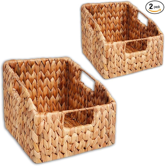 Wicker Pantry Basket Set of 2 – Handwoven Water Hyacinth Wicker Storage Baskets with Handles – Decorative Woven Baskets for Kitchen, Shelves & Organizing